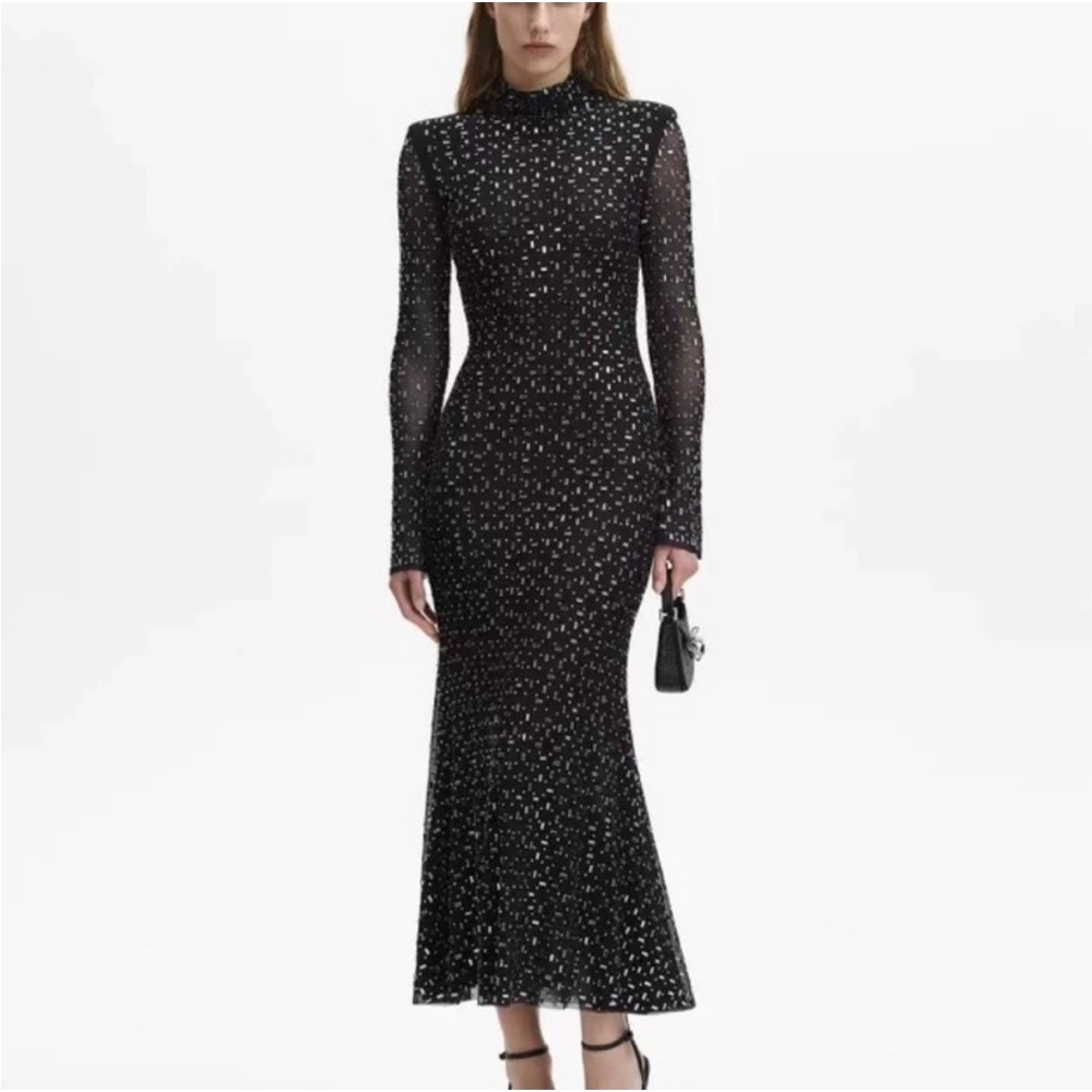 Self Portrait Black Square Rhinestone Mesh Midi Dress
